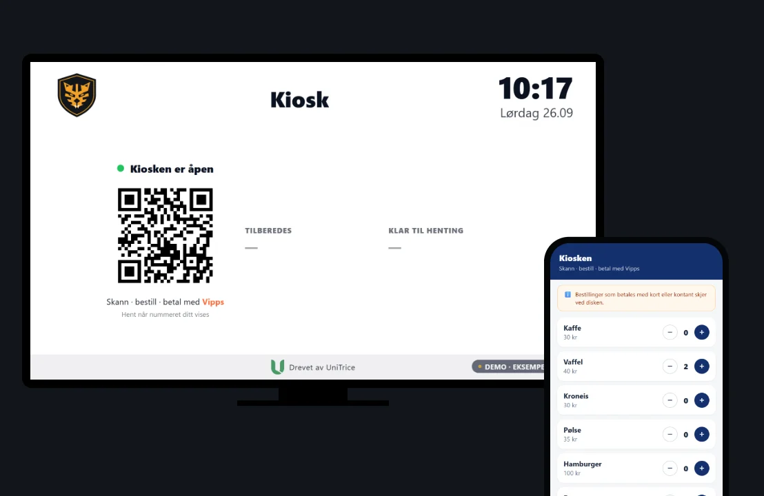 Kioskskjermen på infotavla og bestillingen på mobil